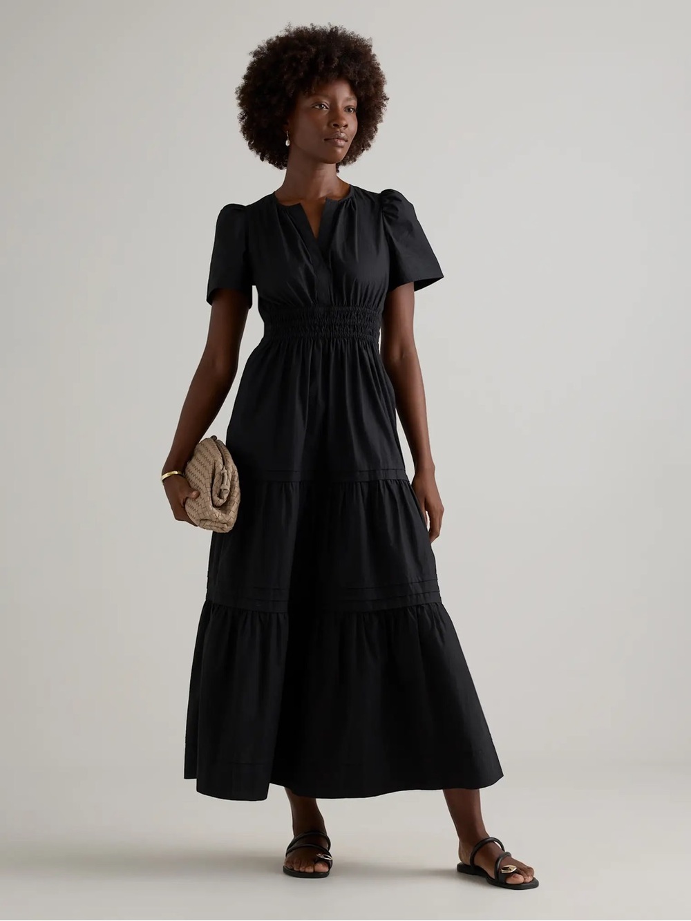 Quince Organic Cotton Poplin Tiered Maxi Dress Smocked Black Small
